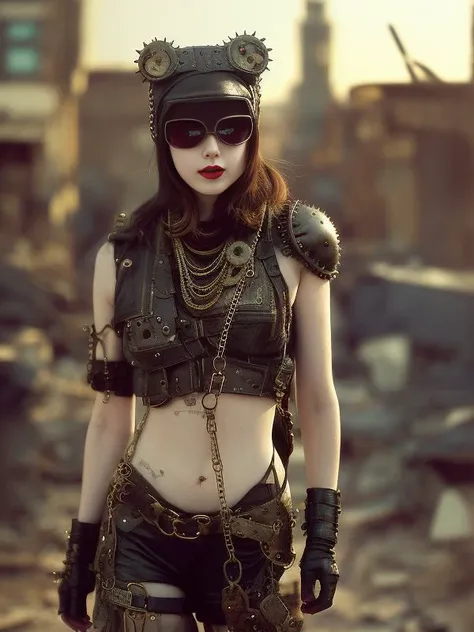cute thiny girl, mask, postapocalypse warrior, leather, leather straps, rivets, chains, ropes, bronze, corrugated tubes, against the background of the ruined city, rusted steel structures, ((intricate details)), hdr, ((intricate details, hyperdetailed)), c...
