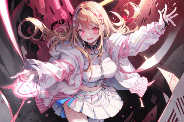 masterpiece, best quality, ultra-detailed, illustration, (close-up, face focus:1.1),
1girl, large breasts, long hair, full body, blush, bangs, jacket, pleated skirt, laser gradient pleated skirt, white pantyhose, white fishnet_legwear, (pink jacket, red ...