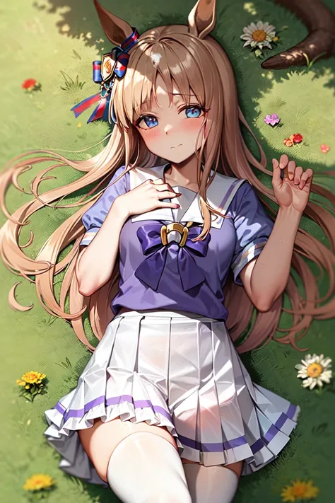 masterpiece, best quality, 
grass wonder (umamusume), 
white thighhighs, tracen school uniform, purple shirt, pleated skirt, puffy short sleeves, white skirt, blush, puffy sleeves, lying, closed mouth, on back, summer uniform, frilled skirt, knees up, on g...