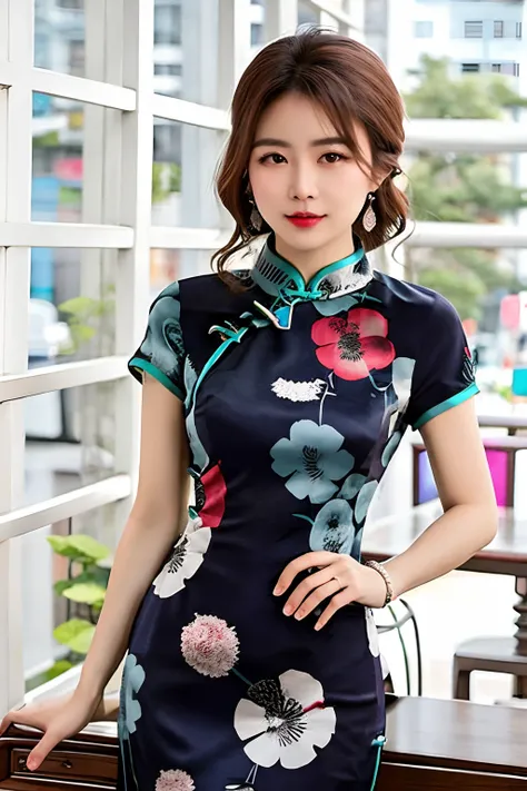 RAW photo, qipao, short sleeve,solo, dress,dark blue qipao,floral_print,color pattern,photorealistic, 1girls, jade bracelet, beautifly woman wearing a qipao dress,3d, brown_hair, chinese_clothes, china_dress,looking at viewer,standing, solo, (monochrome ba...