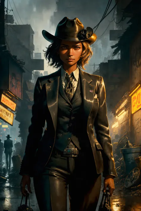 1girl, (noir detective:1.2), tan skin, (fancy suit:1.1), fedora, smirk, (ultra detailed face and eyes:1.1), (album art:1.1), slum cyberpunk, frown, (slum old garage:1.1), (artpunk:1.0), unique pose, (trigun:1.1), (masterpiece:1.1), best quality, run-down, ...