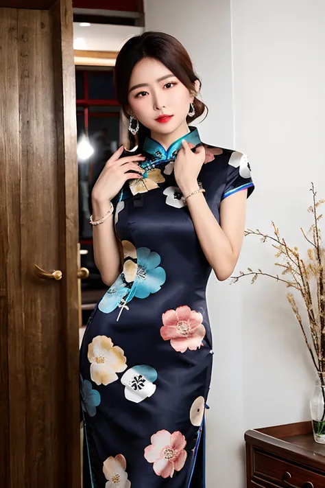 RAW photo, qipao, short sleeve,solo, dress,dark blue qipao,floral_print,color pattern,photorealistic, 1girls, jade bracelet, beautifly woman wearing a qipao dress,3d, brown_hair, chinese_clothes, china_dress,looking at viewer,standing, solo, (monochrome ba...