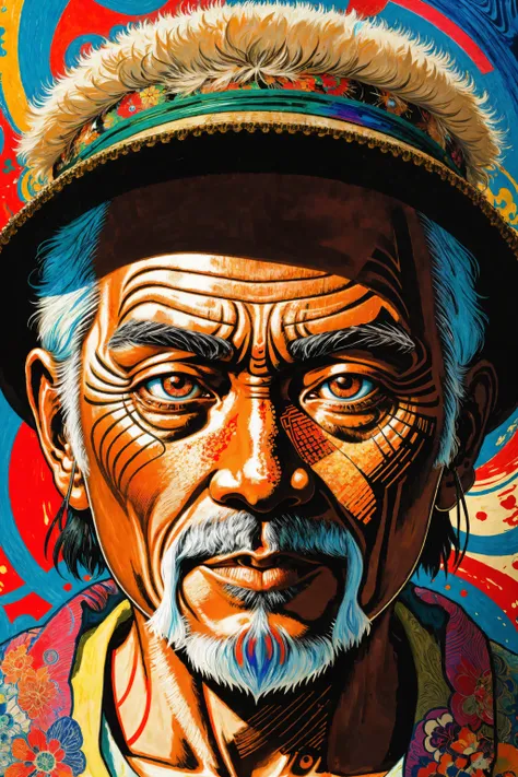 [Close up of an old asian mans face:abstract background:0.5], extremely detailed face and eyes, explosive pose, expressionism, digital art, colorful background, absurdist, highly detailed, (brush strokes:1.1), (acrylic paint:1.1), pointilism, muted colors,...