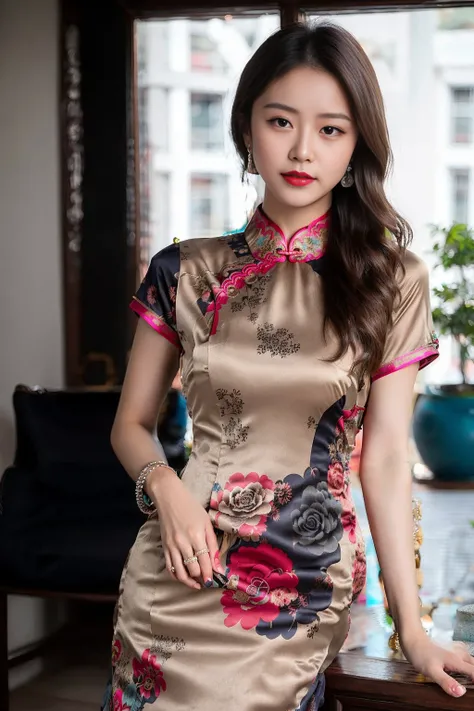 RAW photo, qipao, short sleeve,solo, dress,dark blue qipao,floral_print,color pattern,photorealistic, 1girls, jade bracelet, beautifly woman wearing a qipao dress,3d, brown_hair, chinese_clothes, china_dress,looking at viewer,standing, solo, simple backgro...