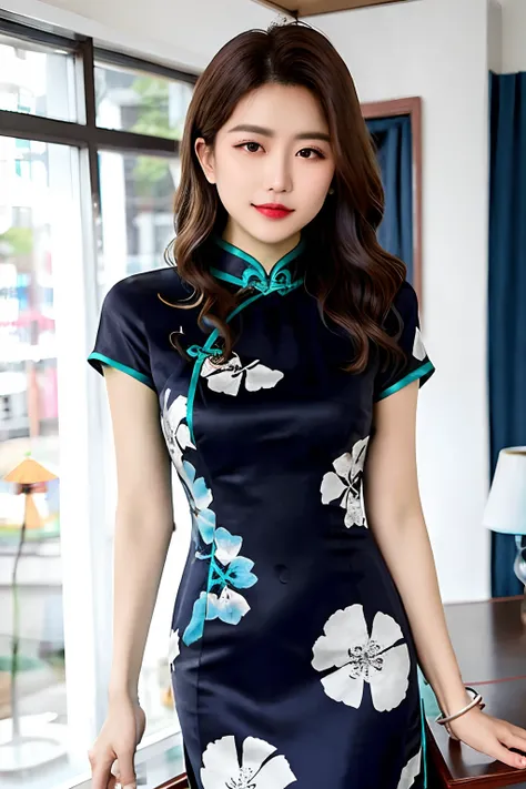 RAW photo, qipao, short sleeve,solo, dress,dark blue qipao,floral_print,color pattern,photorealistic, 1girls, jade bracelet, beautifly woman wearing a qipao dress,3d, brown_hair, chinese_clothes, china_dress,looking at viewer,standing, solo, (monochrome ba...