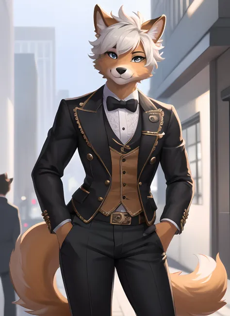 (furry art, uploaded on e621:1.4), 1boy, (solo_focus), (male) (furry:1.5) anthro, (upper body:1.3), on street, solo focus, detailed face, detailed eyes, detailed fluffy fur, fluffy tail, short hair, digitigrade, seductive pose, suit, fancy pants, digital p...