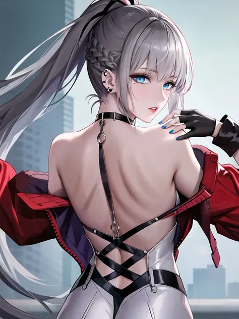 1girl, aqua eyes, back, bangs, bare shoulders, black gloves, blue eyes, braid, choker, earrings, fingerless gloves, from behind, gloves, grey hair, holding, jacket, jewelry, long hair, looking at viewer, looking back, mole, nail polish, off shoulder, parte...