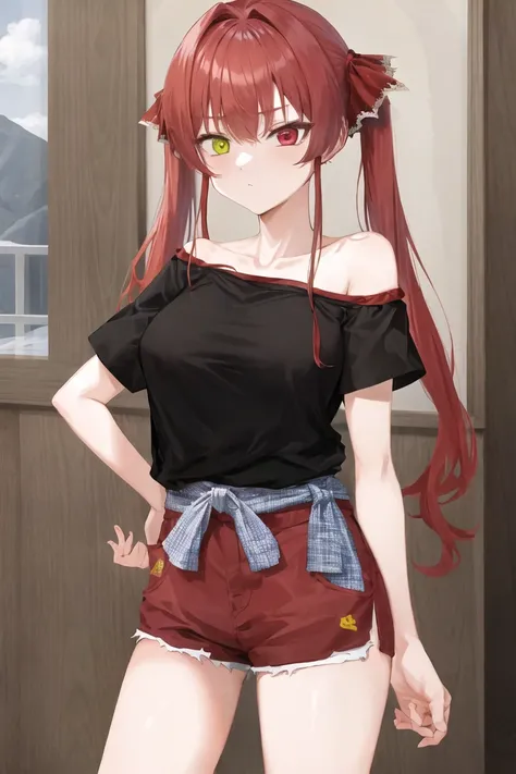 masterpiece, best quality, absurdres, cowboy shot, standing, 
Marine, heterochromia, red eye, yellow eye, large breasts, red hair, twintails, red hair ribbons, 
indoors, shorts, black t-shirt, off-shoulder shirt