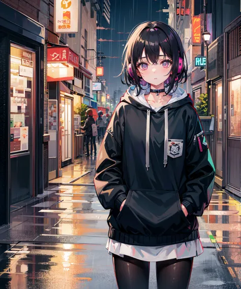 masterpiece,1girl,solo,incredibly absurdres,hoodie,headphones, street,outdoors,rain,neon lights,