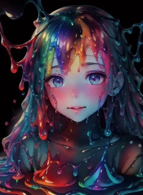 rainbow, slimes goopy slime skin photo realistic closeup portrait face in kitchen <lora:slimes_realistic-1:0.9> pretty eyes, adu...