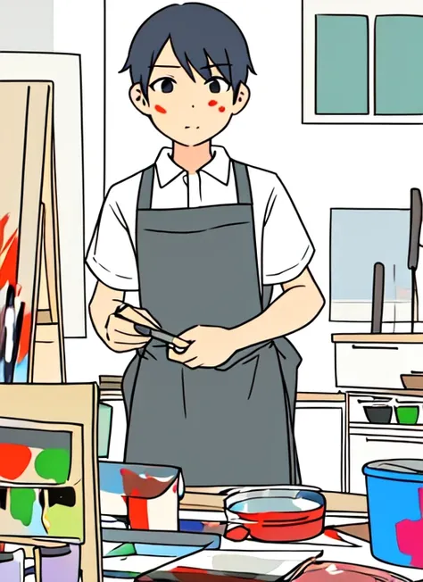 <lora:cartoony:1>
flat color,
1boy, painter, canvas, covered in paint, apron, messy workshop