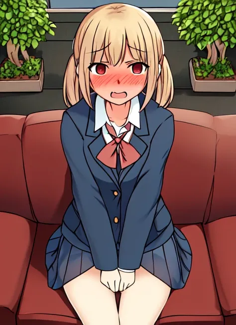 masterpiece, best quality, soft lighting, absurdres,
1girl, school uniform, embarrassed, 
mansion interior, plants, red luxury sofa, <lora:cartoony:1>