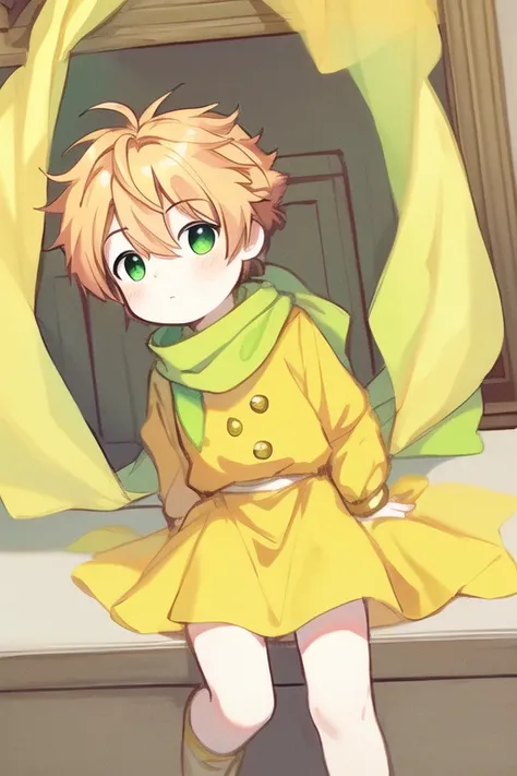 {{masterpiece}},best quality,illustration,1 male kid,prince,rose,floating short hair,yellow hair,long yellow scarf,green clothes,rose,closeup,chibi