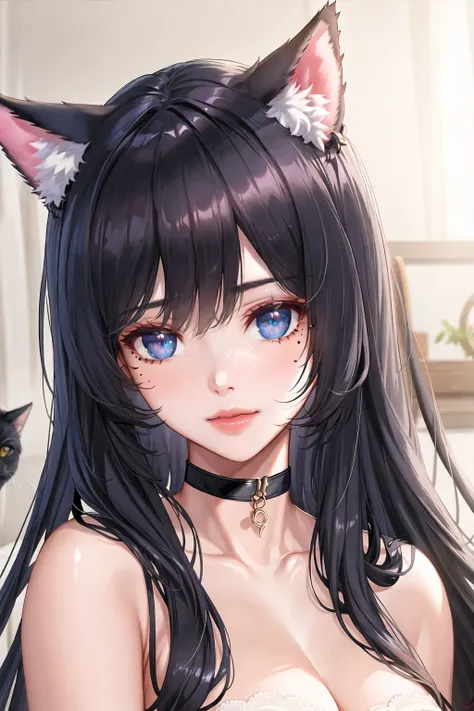 1girl, animal ears, bangs, black choker, black hair, blue eyes, blurry, cat ears, choker, closed mouth, collarbone, eyelashes, l...