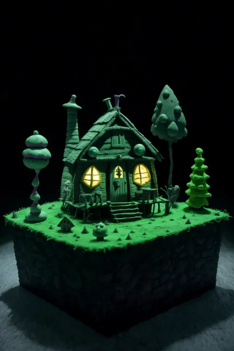 a tim burton claymation of village hut, scene from Beetlejuice (film), detailed background,