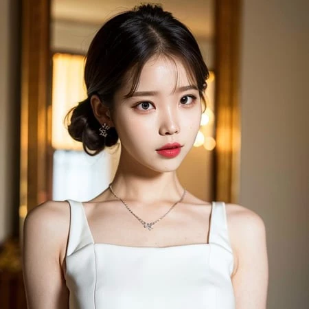 best quality, ultra high res, (photorealistic:1.4),1girl, slim girl, iu, white dress, <lora:iu_v1:0.9>  <lora:koreanDollLikeness_v15:0.3>