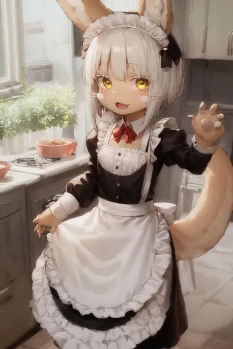 1girl, solo, furry, fluffy, brown fur, short hair, nanachi (made in abyss), animal ears, tail, yellow eyes, maid, apron, puffy sleeves, long sleeves, maid headband, :3, open mouth, standing, looking at viewer, kitchen <lora:char-nanachi:1>