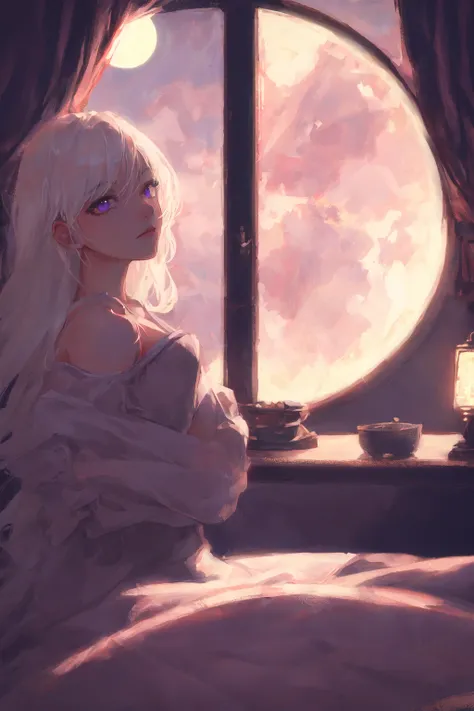 highres, highest quallity, illustration, cinematic light, ultra detailed, detailed face, (detailed eyes), best quality, hyper detailed, masterpiece, (detailed face),1girl, girl, white hair, purple eyes, highest details, luminous eyes, medium breats, sittin...