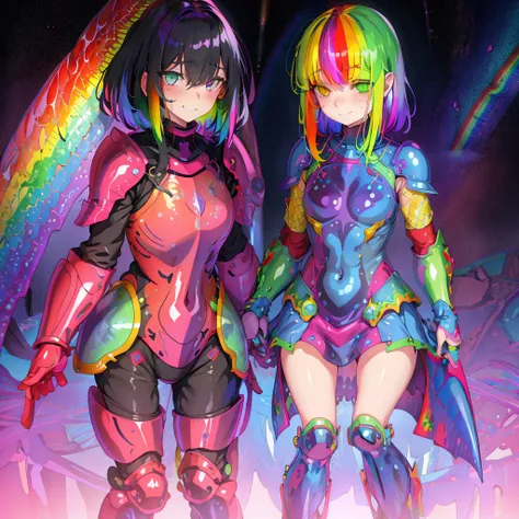 girl, freckles, (rainbow heavy armor:1.2), (rainbow:1.2), grinning, wet, high quality, <lora:Cosmic Rainbow:0.6>