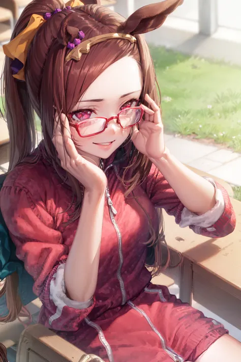 masterpiece, best quality,
sakura bakushin o (umamusume),
classroom, sitting on chair, upper body,
red eyewear, adjusting eyewear, smile,
track suit, red jacket
<lora:sakura_bakushin_o_lora:0.8>