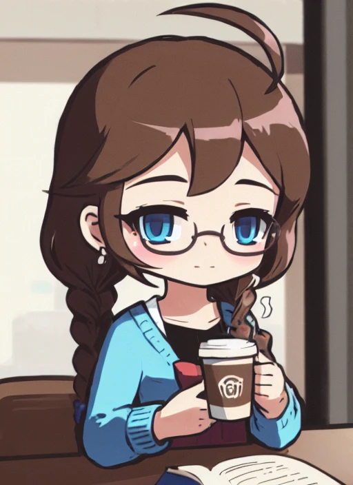 8k, 4k, (highres:1.1), best quality, (masterpiece:1.3),1girl, solo, glasses, blue eyes, book, chibi, earphones, braid, cup, twin braids, bow, brown hair, earbuds, ahoge, sweater, holding, twintails, long hair, round eyewear, disposable cup, coffee cup, shi...