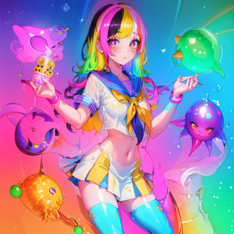 girl, freckles, sailor uniform, rainbow skin, boba tea, wet, high quality, <lora:Cosmic Rainbow:0.6>