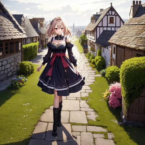 <lora:GiantessC_v0.1:0.7> High resolution, official art, from above, full body of (1girl GiantessC) standing inside (waist-high miniature rustic medieval village), messy Black hair, large breasts, (pencil dress:0.8), boots, (long legs), bokeh, ((Size dffer...