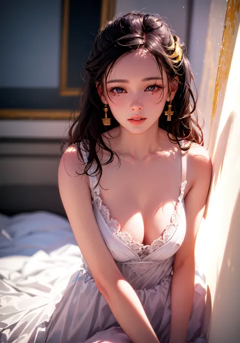 (best quality, masterpiece:1.2), photorealistic, ultra high res, front lighting, Exquisite details and textures, 1girl, (young), looking at viewer, sundress, lingerie, black stocking, face highlight, detailed face, tear mole, white skin, big eyes, earrings...