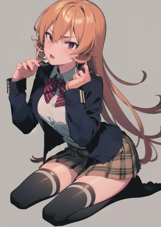 <lora:char-Nakiri Erina-v2:1>, 1girl,  nakiri erina, kneeling, purple thighhighs, jacket, plaid skirt, [[hands on breasts]],  <lora:style-eniac31:0.88>