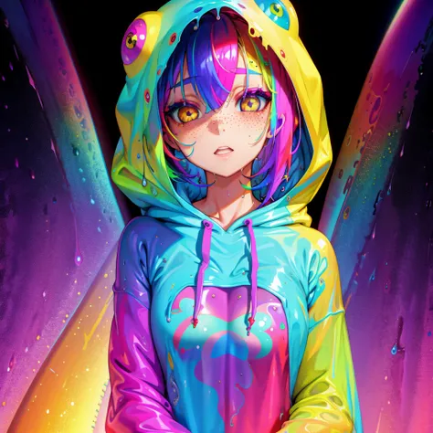 girl, freckles, hoodie, rainbow skin, wet, high quality, <lora:Cosmic Rainbow:0.6>