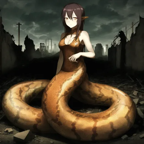 <lora:lamia-2_lamia-3__lamia-lamia-1--retro_ham_avas_jun_rifl--08-02:1.0>,
(lamia:1.0), scales,
full body,
expressionless, empty eyes, post-apocalypse, crumbling city on background, portrait