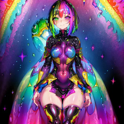girl, freckles, armor, rainbow, grinning, wet, high quality, <lora:Cosmic Rainbow:1>