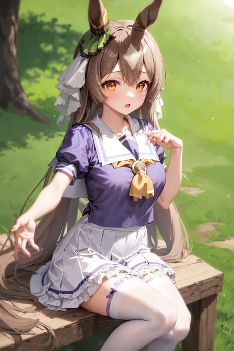 masterpiece, best quality,
satono diamond (umamusume),
tracen school uniform, purple shirt, pleated skirt, puffy short sleeves, white skirt, puffy sleeves, summer uniform, frilled skirt, sailor collar, sailor shirt, miniskirt, frills, white thighhighs, 
<l...