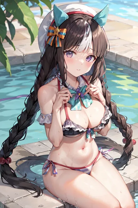 masterpiece, best quality,
hukko tarumae (umamusume),
pool-side, sitting,
closed mouth, bikini, side-tie bikini
 <lora:hukko_tarumae_lora:0.8>