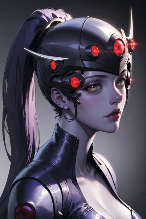 1girl, bodysuit, colored skin, earrings, hair pulled back, head-mounted display, jewelry, lips, lipstick, long hair, looking at viewer, makeup, ponytail, portrait, purple hair, purple lips, purple skin, solo, stud earrings, cyberpunk, widow-cotdazur, yello...