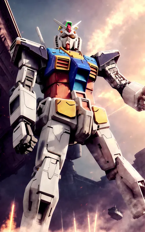 <lora:GundamRX78:0.8> a giant  (Gundam rx78 1.2)  robot with a gun in its hand and  Shield in the middle of the battlefield; (Upper Body1.2), and ruins, sparks, and flames surround it, Steel, edge rust, and edge wear, (extremely detailed CG unity 8k wallpa...