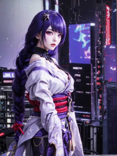 RaidenShogun, detailed clothes, white clothes, blunt bangs, braid, (breasts:1.1), cleavage, wide-sleeved kimono, hair ornament, white japanese clothes, (red obi:1.4), (purple hair:1.4), very long hair, straight hair, detailed face, cool face, (smooth chin:...