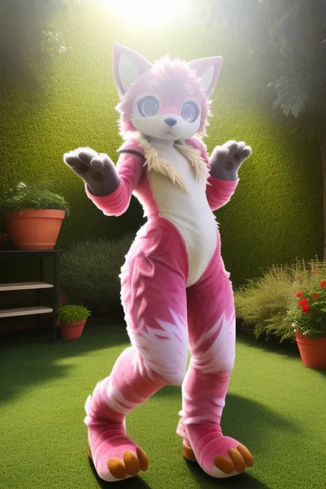 realistic, solo, furry, fursuit, charater, photorealistic, garden, flower,red rose, building, sunlight, waving, wind, full body, pink fur,