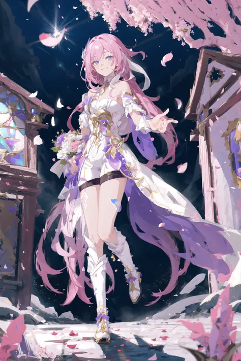 (masterpiece, flat color, colorful:1.0), (best quality:1.2), (ultra highres:1.1), 1girl, floating hair, petals,
elysia (herrscher of human:ego) (honkai impact), light smile, petals, fantasy, church, stained glass, holding bouquet, looking at viewer,
