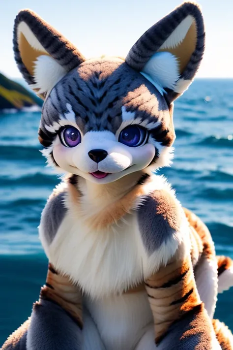 realistic, solo, furry, fursuit, charater, photorealistic, sea, ocean, sun hat,