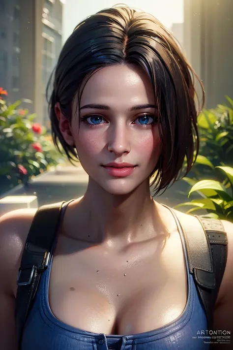 1girl, portrait of beautiful Jill Valentine, smile, garden, volumetric lighting,best quality, masterpiece, film grain, (lens distortion:0.7), (chromatic aberration:0.7), intricate, volumetric lighting, realistic, realistic lighting, cinematic, 8k, cinemati...