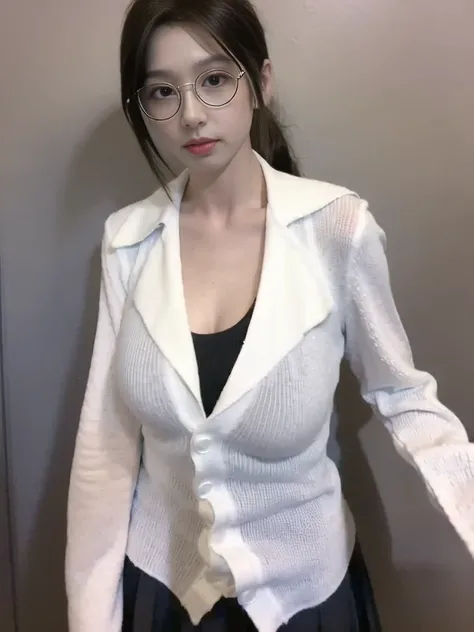 best quality, (photorealistic:1.2), 1girl, solo, 1girl, solo, brown eyes, brown hair, long hair, looking at viewer, school uniform, masterpiece ,upper body,cleavage,