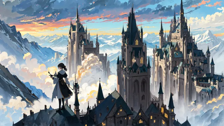 ((masterpiece, best quality)), multiple girls,with a vast and fantastical landscape stretching out behind them, In the distance, there are towering castles and spires,