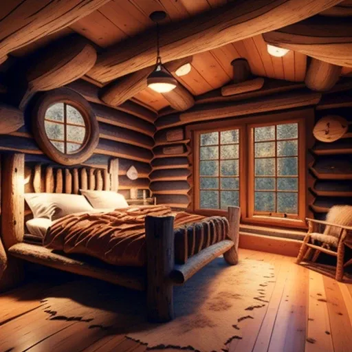a wooden cabin style bedroom <lora:BedroomAI_LoRA:0.5>