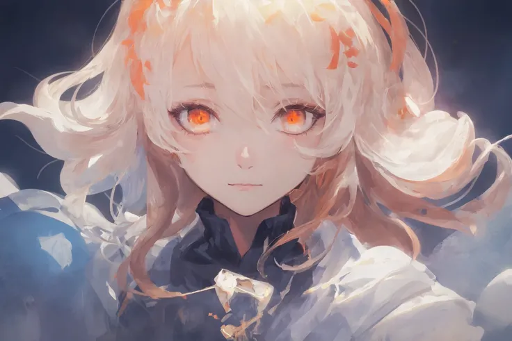 (masterpiece, best quality, ultra detailed, pixiv fanbox, 1girl, glowing bright eyes, light particles, orange eyes, selective color, (close-up), portrait, portrait, (solo), masterpiece, best quality, clothes, cinema lighting,):0.2