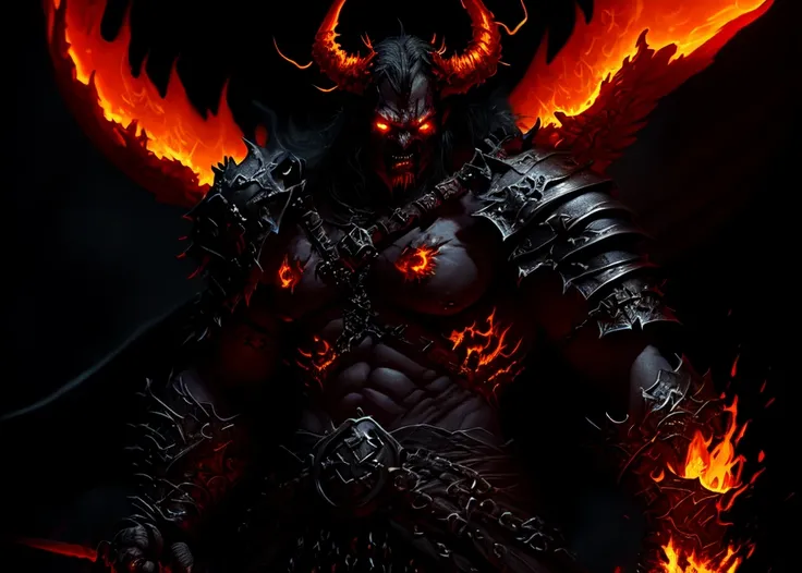 a flaming demon warrior in darkness, digital painting, ominous, medieval, dark fantasy, cinematic lighting, masterpiece, trending on artstation, wallpaper, full body