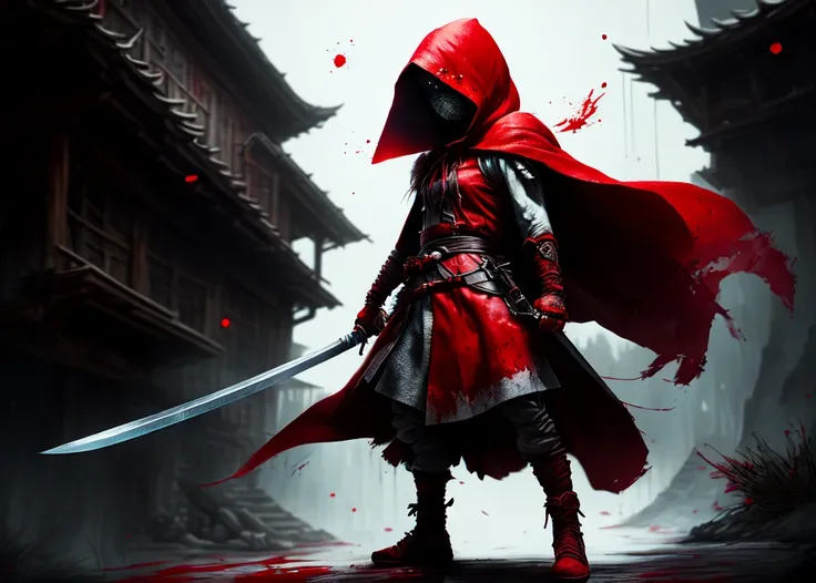 Little Red Riding Hood as a badass ninja warrior, katana, gritty, fantasy, soft focus, digital painting, studio quality, detailed, cinematic lighting, ambient occlusion, volumetric lighting, wallpaper, epic composition, full body, blood splatter