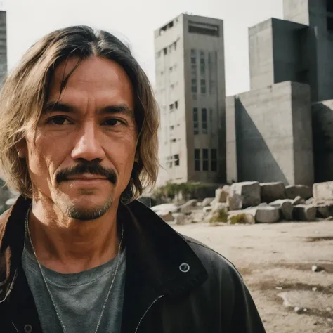 RAW photo, a close up portrait photo of brutal 45 y.o man in wastelander clothes, long haircut, pale skin, slim body, background is city ruins, (high detailed skin:1.2), 8k uhd, dslr, soft lighting, high quality, film grain, Fujifilm XT3 <lora:Film lora:0....