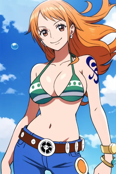 nami (one piece),
1girl, bangle, bangs, bare shoulders, belt, bikini, bikini top only, blue sky, bracelet, breasts, brown eyes, bubble, cleavage, cloud, cowboy shot, day, denim, earrings, floating hair, green belt, green bikini, jeans, jewelry, large brea...
