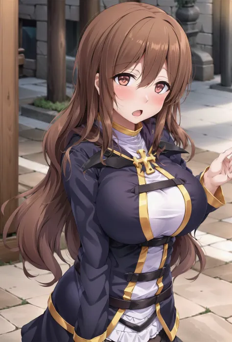 chromatic aberration, depth of field, soft lighting, masterpiece, best quality, WizKonosuba, 1girl, long hair, looking at viewer, blush, smile, large breasts, brown hair, long sleeves, <lora:WizKonosubaLora:0.7>, (on street:1.1), :o,